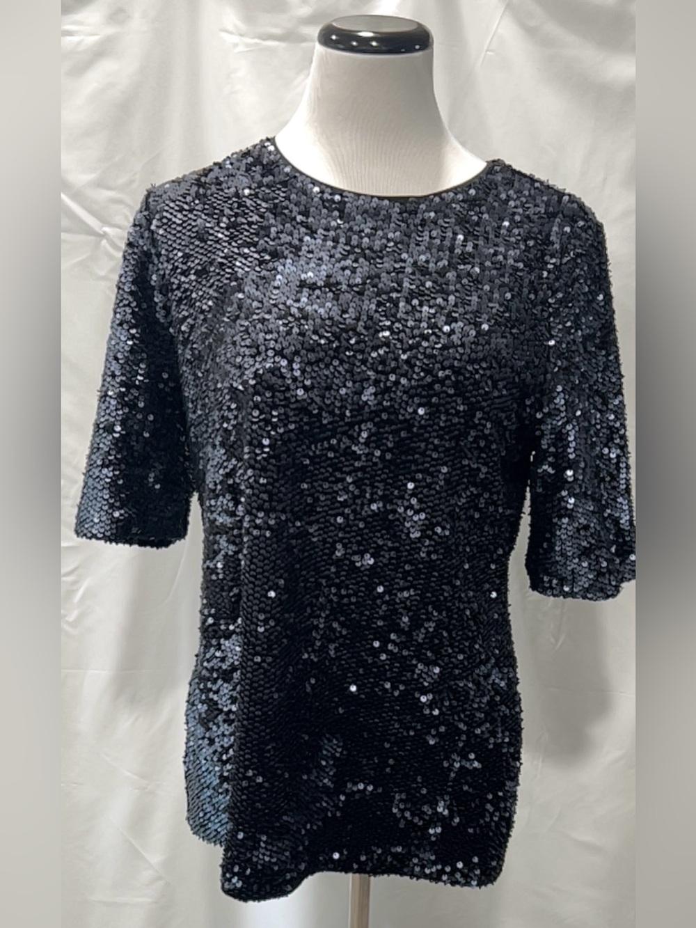 Ann Taylor Black Sequin Short Sleeve Top Size L Party Holiday Cocktail Blouse